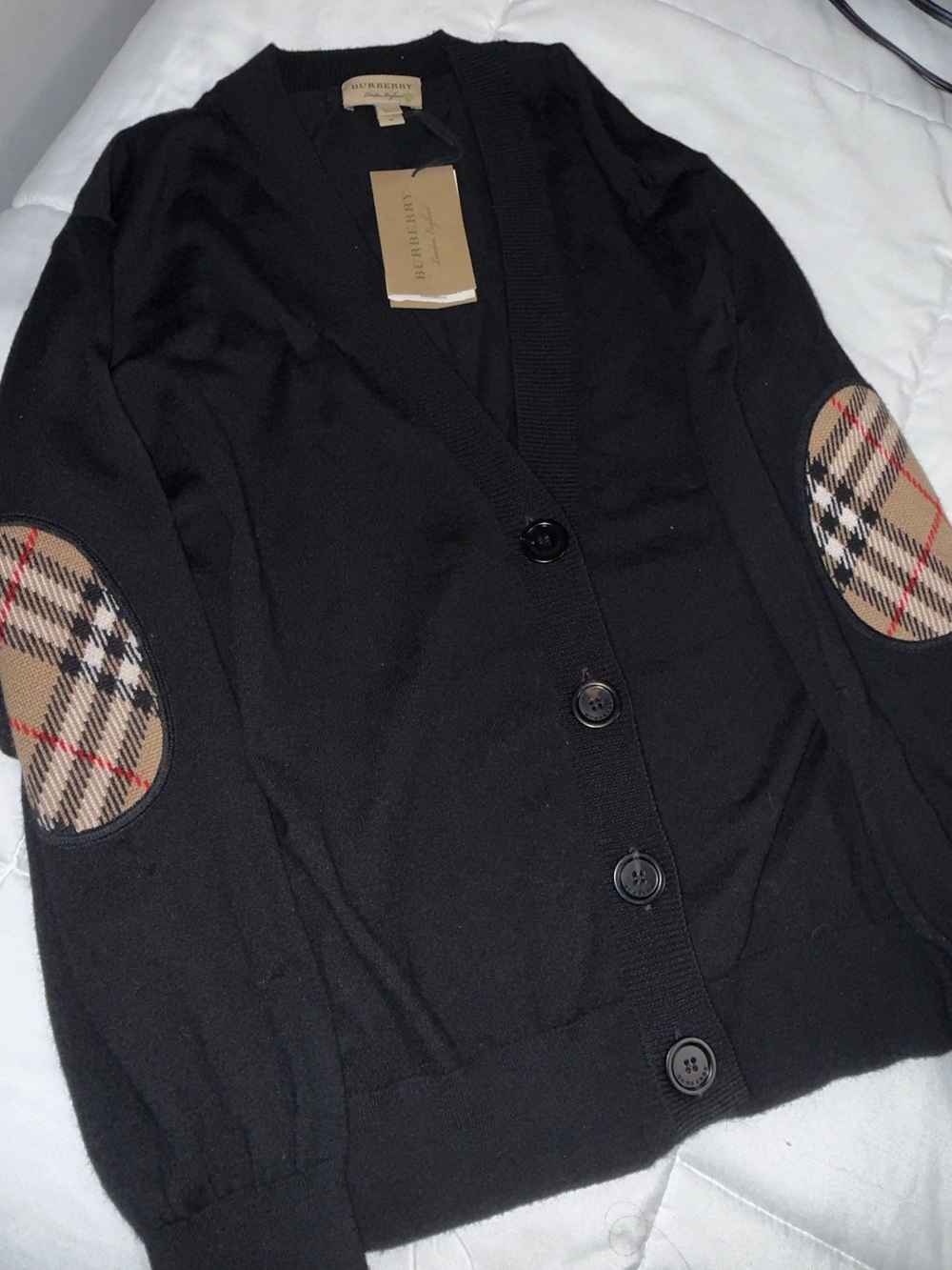Burberry Black Cardigan with Signature Beige Check Elbow Patches